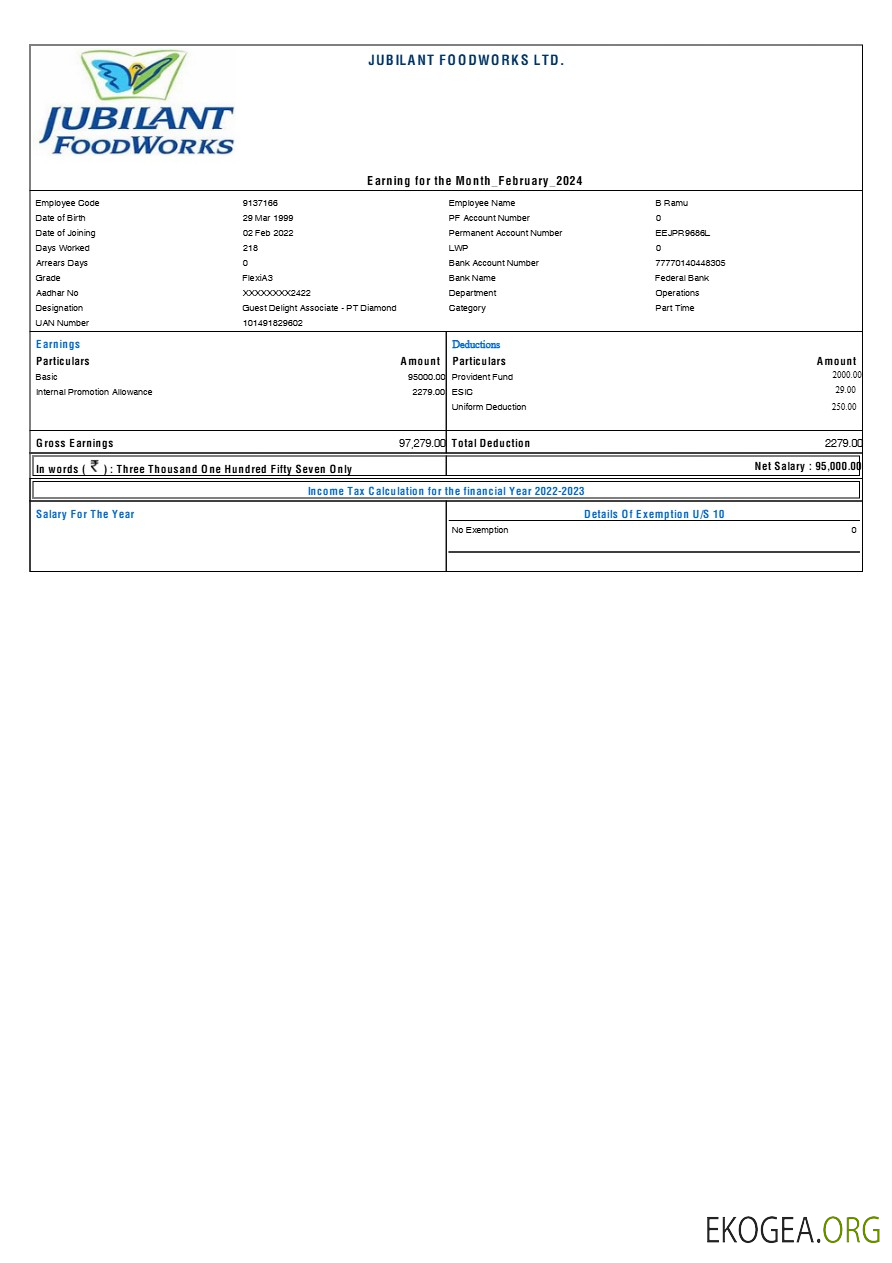 Modèle de fiche de paie Jubilant FoodWorks aux formats Word et PDF.pdf, 1